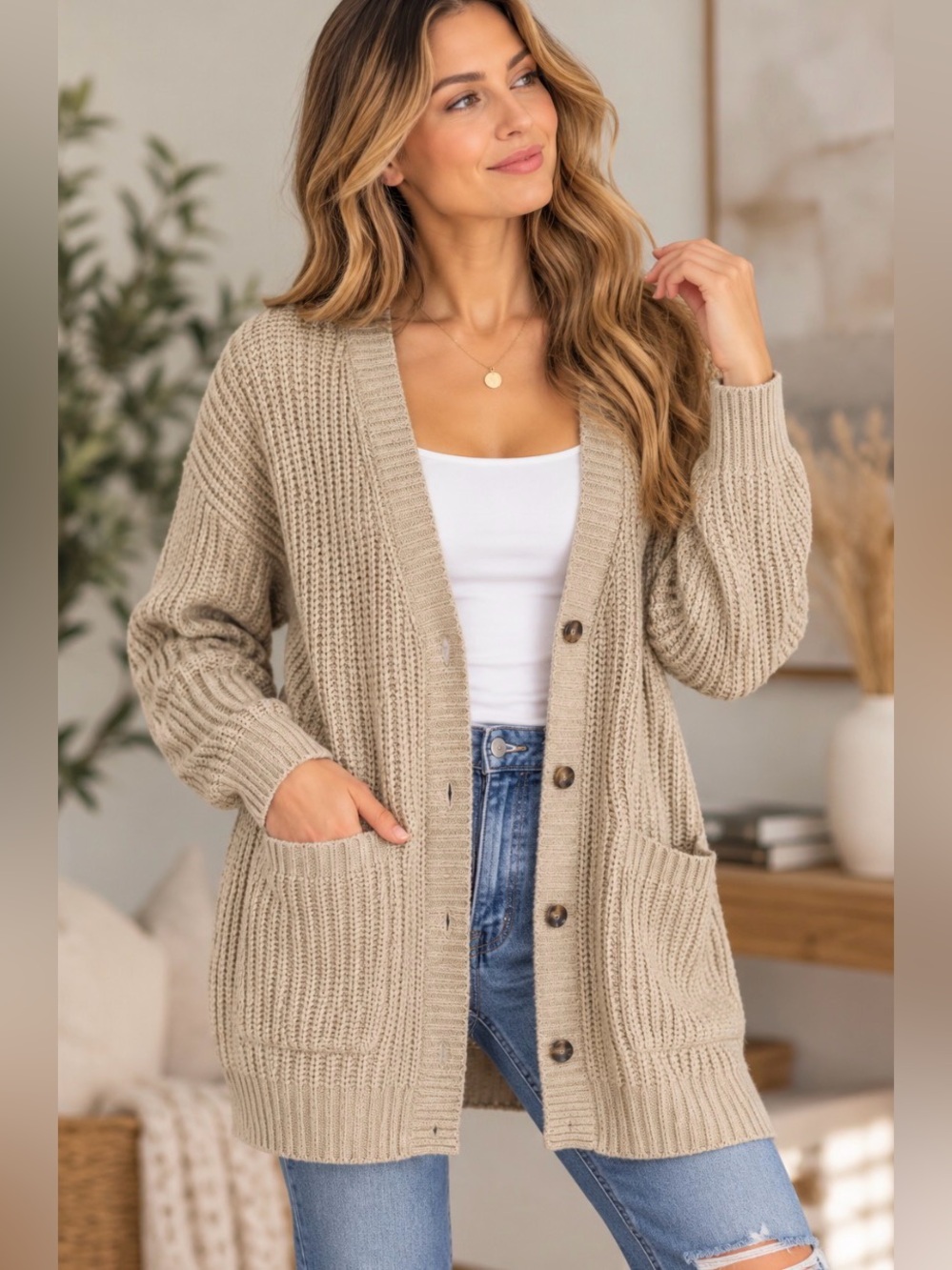 Urban Heritage Beige Chunky Knit Long Cardigan Size Medium Pockets